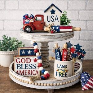 🆕Patriotic 4th of July tiered tray set Patriotic tiered tray mini rolling Pin
